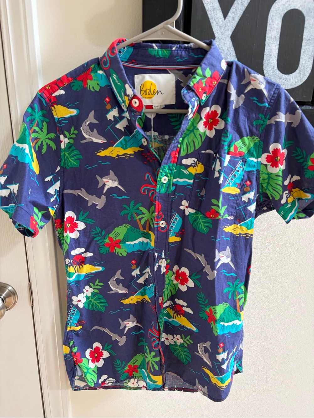Boden Navy Tropical Hawaiian Print Button-Down Shirt size 13-14